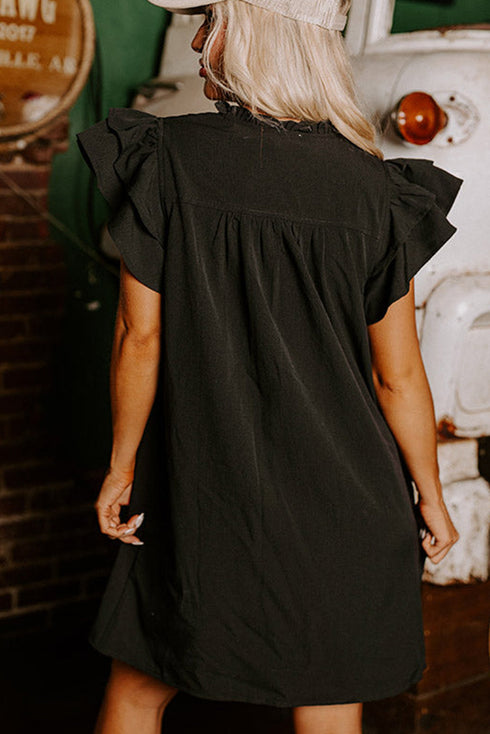 Charming Frilled V Neck Pleated Ruffle Detail Short Shift Dress